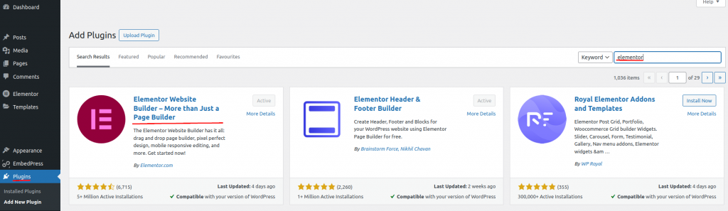 wordpress adding elementor plugin