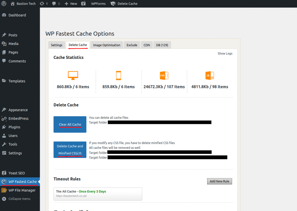 wp fastest cache clearing cache